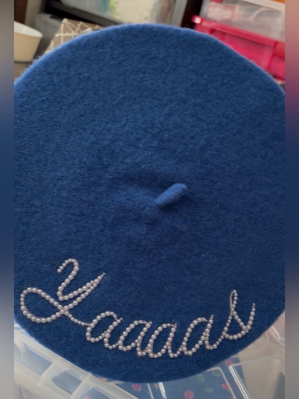 Blue Beret with Script Pearl Accent